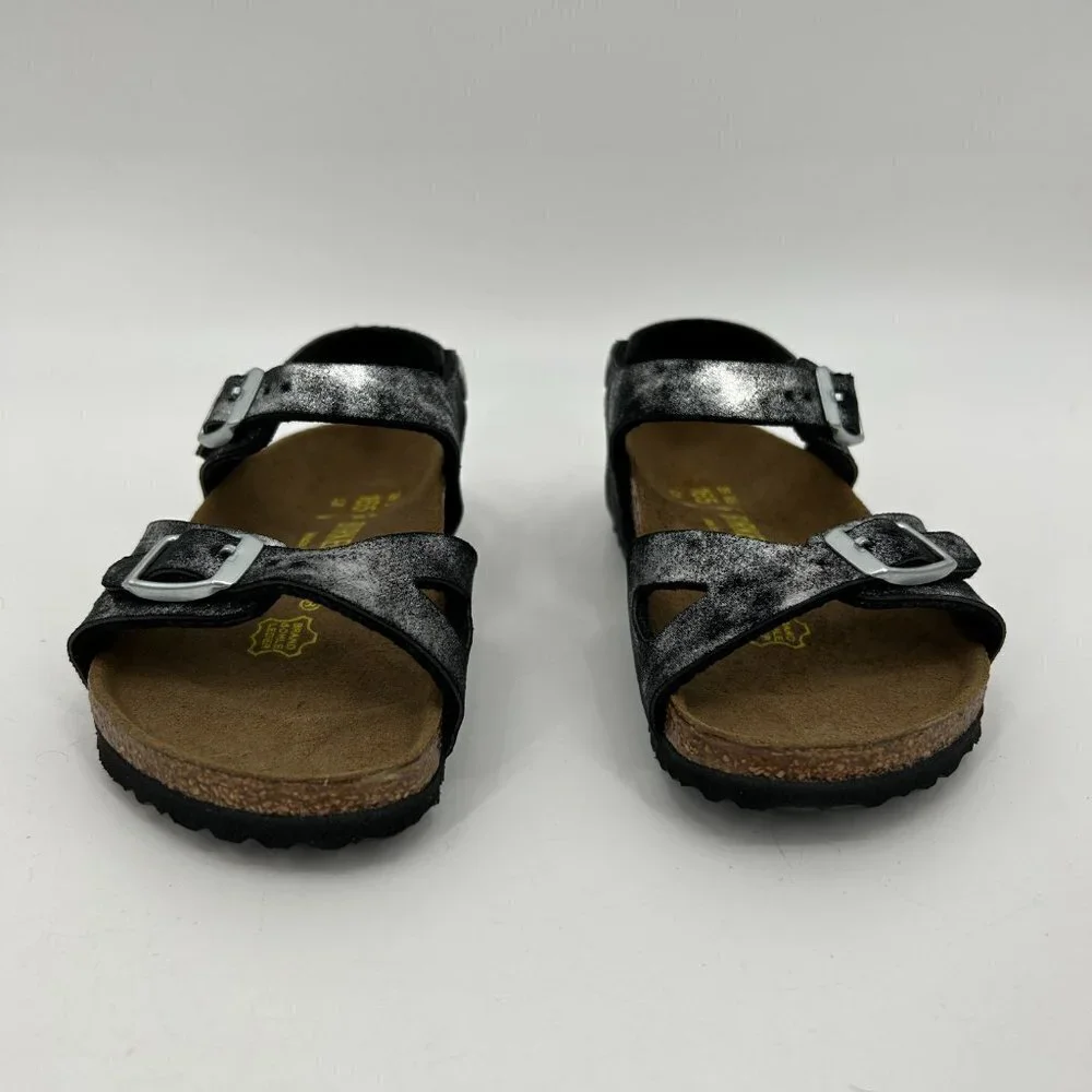 NIB BIRKENSTOCK Girls Kids Rio Black Silver Metallic Sandal Shoes Size 26 / 8